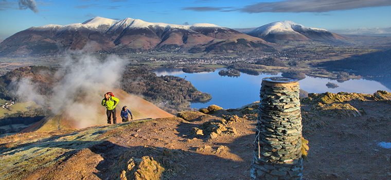 People walking on Cat Bells with a view of Skiddaw