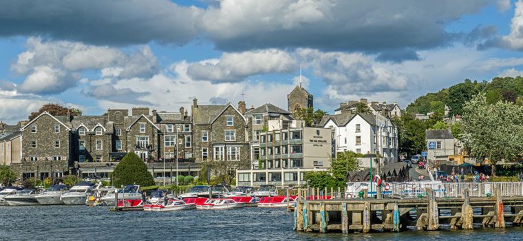 Looking at Windermere town from the water of Lake Windermere